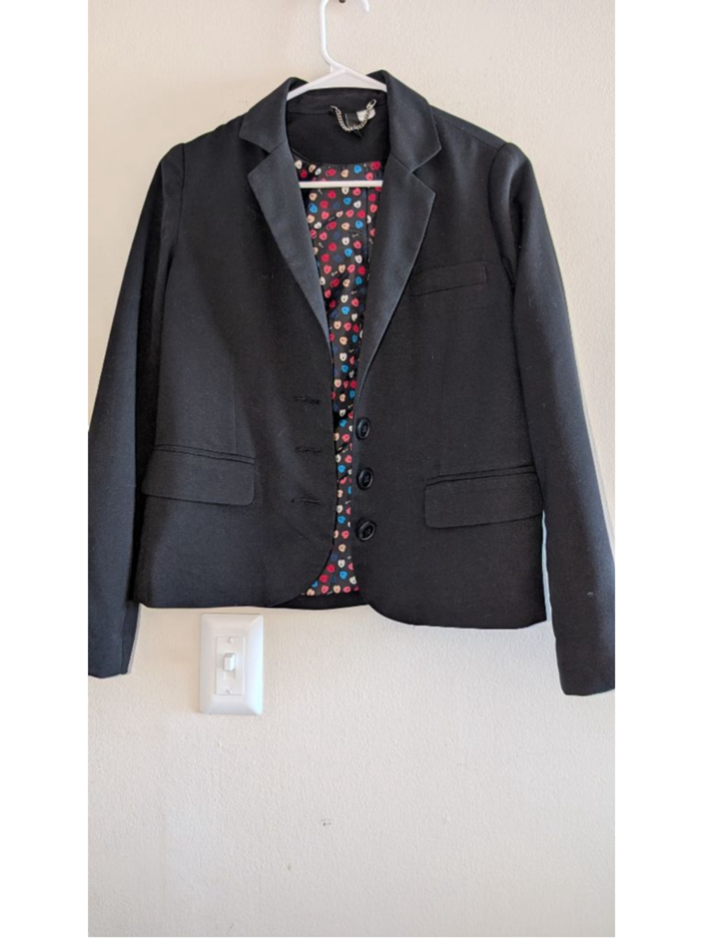 Divided Black Blazer with Heart Print Lining, S, women's